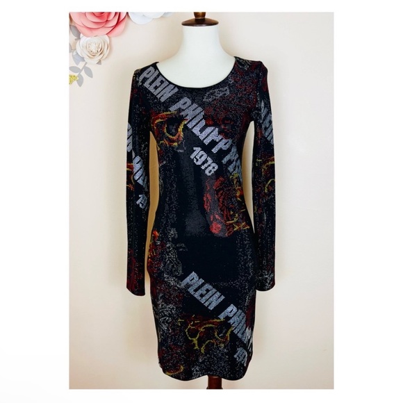New! Rare PHILIPP PLEIN Logo Rhinestone Embellished Fire Rose Print Mini Dress - Picture 6 of 16